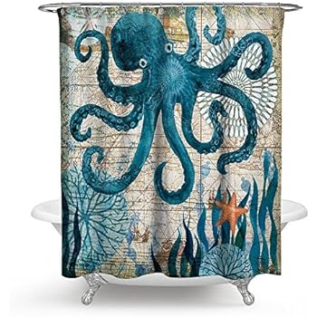 ECONIE Octopus Shower Curtain Ocean Animal Landscape Waterproof Polyester Blackout Draperies Window Solid Grommet with 12 Hooks for Bedroom Livingroom Bathroom,71 x 71 (12)