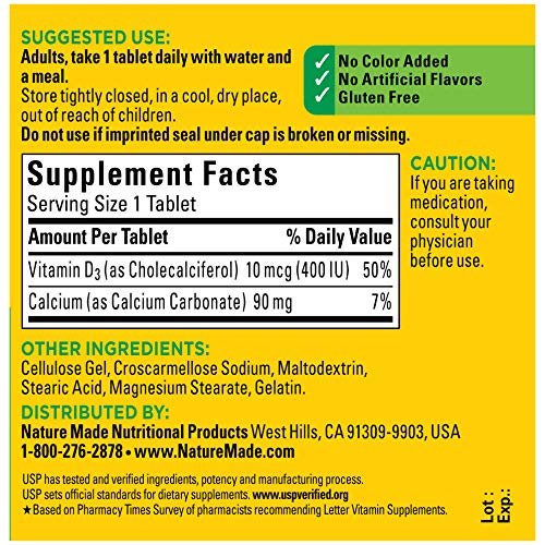 Nature Made Vitamin D3 400 IU (10 mcg) Tablets, 100 Count for Bone