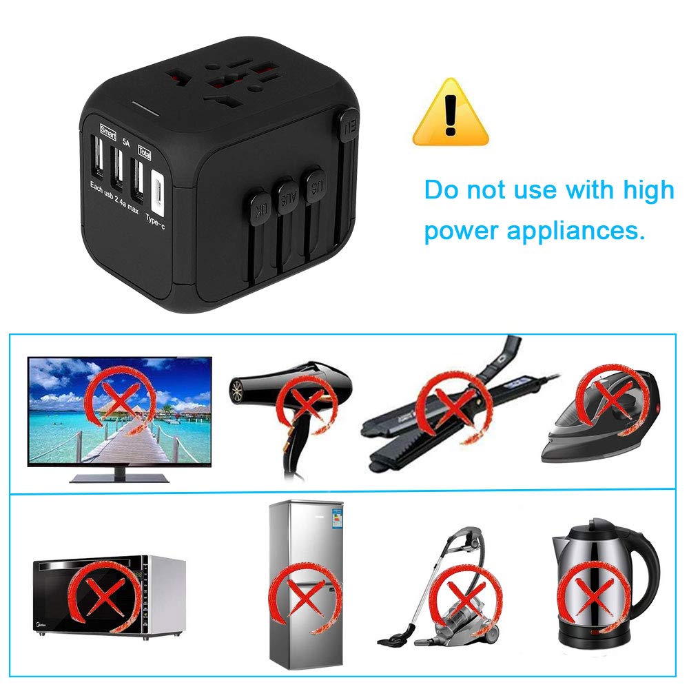 BOLWEO International Travel Adapter with Auto-Reset Fuse, Universal Power Adapters Worldwide US UK EU AU Plug 5A Output, 1 Type C, 3 USB Power Converter AC Outlet Wall Charger (Black)