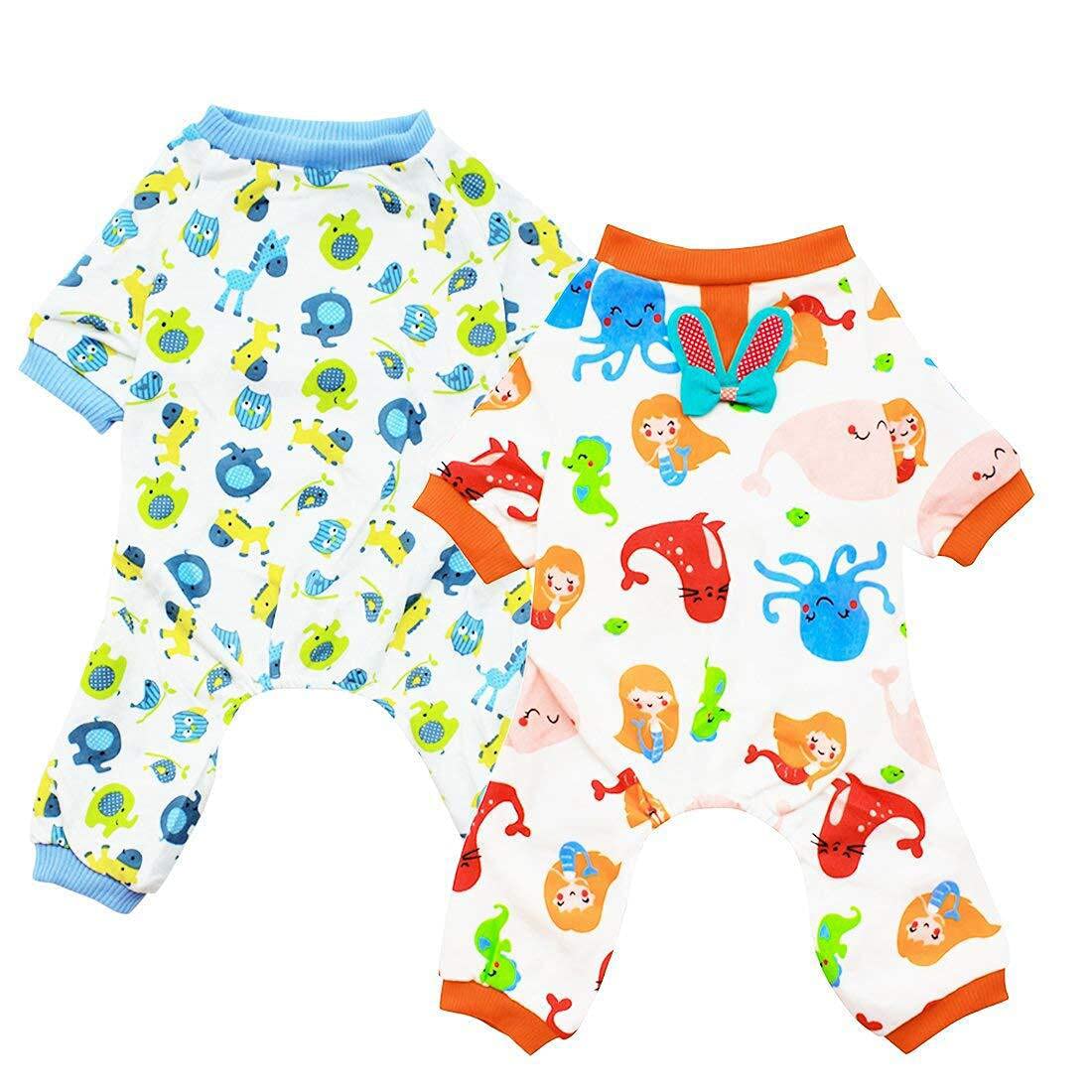 Scheppend 2-Pack Pet Clothes Puppy Cute Pajamas Dogs Cotton Rompers Cats Jumpsuits Cosy Apparel Dog Shirt Small Canine Costumes Corsetry, Bluehorse & Mermaid XL