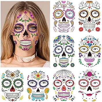 Halloween Tatouages Temporaires Pour Visage 8 Feuilles Konsait Crâne Mort Floral Squelette Noir Tatouages éphémères Pour Homme Femme Adulte Enfants