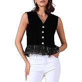 Allegra K Women's Vintage Vest Mesh Hem Sleeveless Button Down Velvet Cocktail Party Vest