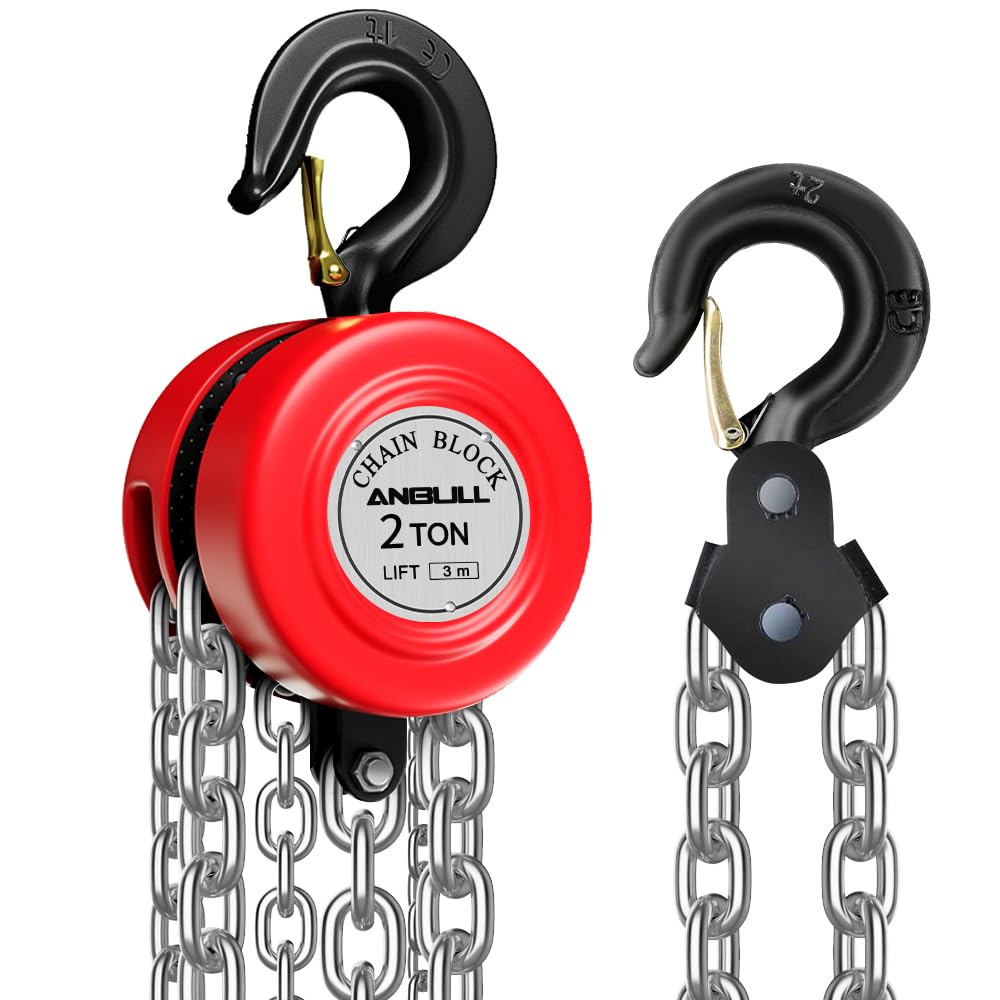 Anbull 2T Chain Hoist Hand Winch, Galvanised Chain, Oil-Free, 2000 kg Load Capacity Pulley Pulley Lifting Ratchet Hoist, 3 m Chain, 2.5 m Lifting Height Chain Block Lift