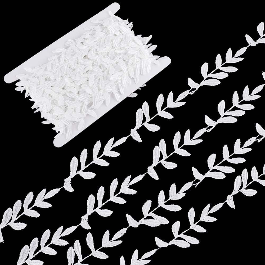 GORGECRAFT 15 Yards White Leaves Lace Applique Embroidered Ribbon Trimmings Leaf Embroidery Lace Fabric for DIY Sewing Patches Wedding Collar Dress Dentelle