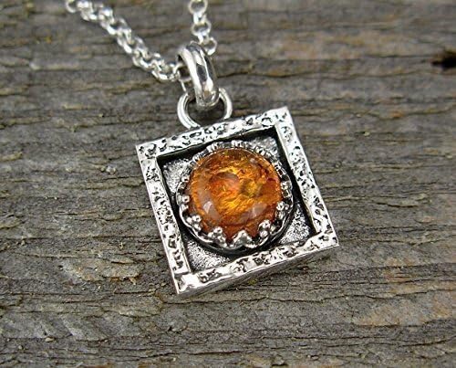 Tiny Square Amber Pendant Necklace in Sterling Silver