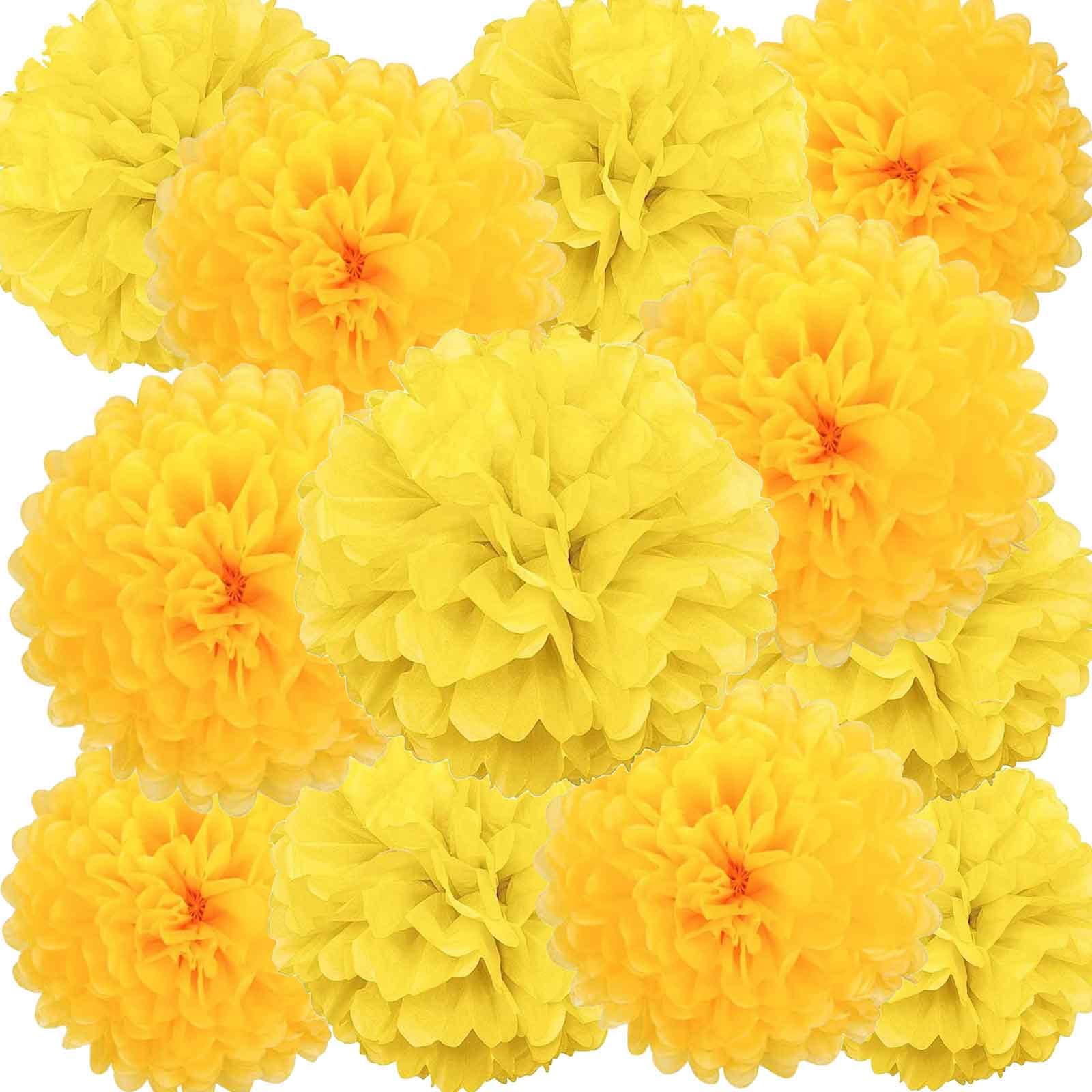 12pcs Yellow Paper Pom Poms Decorations for Party Ceiling Wall Hanging Tissue Flowers Pompon Decorations - 12 Inch, 10 Inch