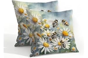 Ivolege Daisy Bees Collect Honey Waterproof Pillow Covers 18x18 Set of 2, Outdoor Throw Pillow Covers for Patio, Invisible Zi