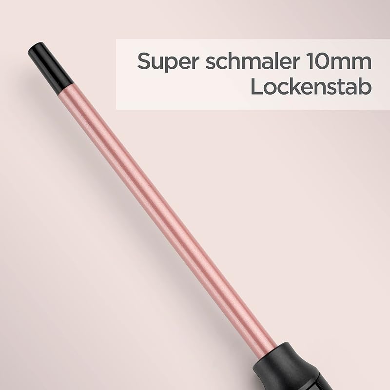 10 mm Lockenstab – Quarz-Keramik-Beschichtung, 10 Temperaturstufen, Lockenstab für kleine Locken, kompaktes Design, Pink & Schwarz, C449E
