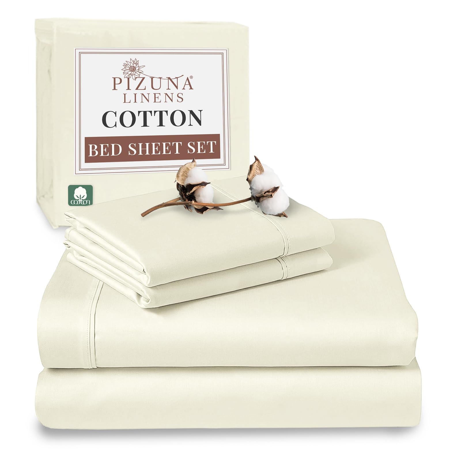 Pizuna 100% Cotton King Size Sheet Set Off White, 400 Thead Count Long Staple Cotton Bedding Set 275x280 cm, Soft Sateen Weave Bed Sheet Set -Fitted Sheet, Flat Sheet & 2 Pillowcases