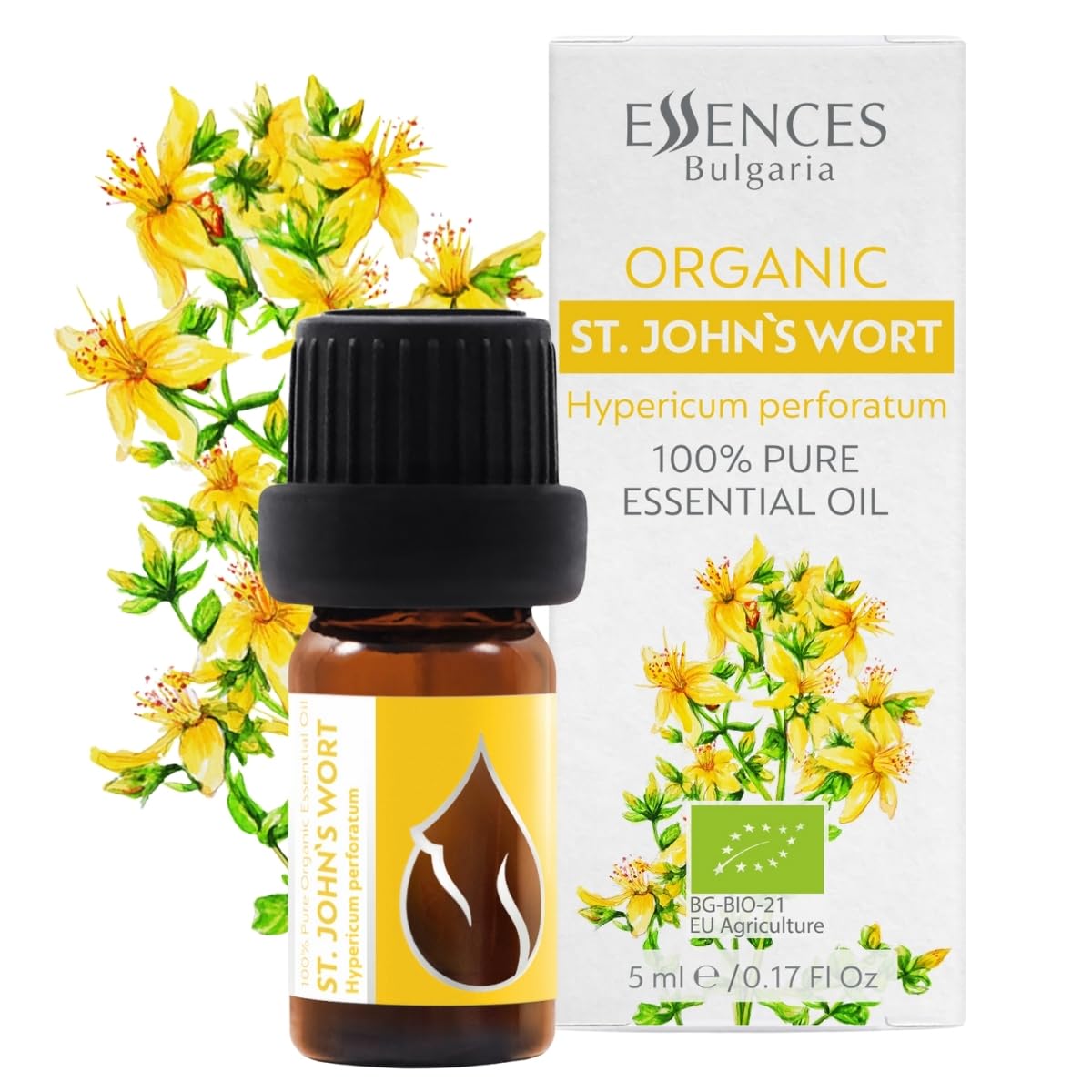 Essences Bulgaria Organic St. John's Wort Essential Oil 5ml | Hypericum perforatum | 100% Pure and Natural | Undiluted | Therapeutic Grade | Family Owned Farm | Steam-Distilled | Non-GMO | Vegan