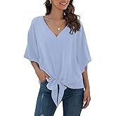 VIISHOW Womens Tie Front Chiffon Blouses V Neck Batwing Short Sleeve Summer Tops Shirts