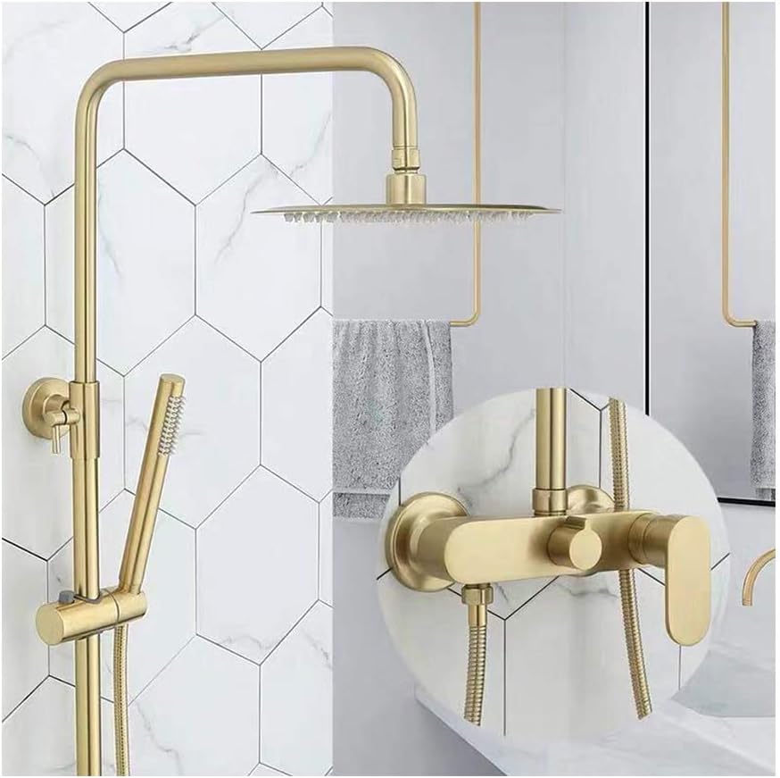 TANGAN Luxury Shower System Gold Rainfall Shower Mixer Set with Slide Bar Wall Mounted Shower Set Cold and Hot Mixer Shower Taps with Round Rain Shower Head, Handheld Shower,Goldb
