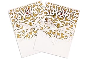 PCORES Laser Cut Invitations White Wedding Invitation with Envelopes and Ribbon Belly Band Pearl Embellishments, Blank Inner 
