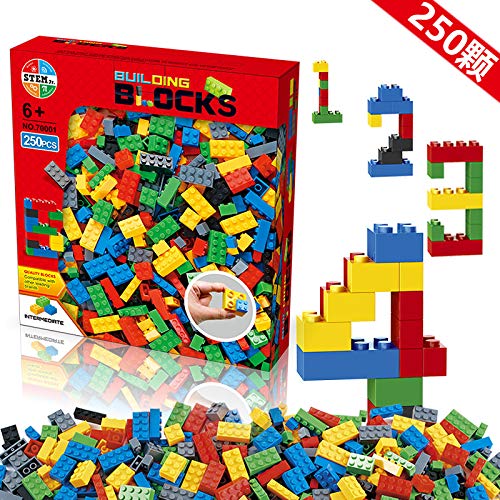 Building Blocks 250 Pieces Set, Building Bricks Creative DIY Interlocking Toy Set Random Colors Mixed Shape ABS Puzzle Construction Toys Set for Kids and Toddlers (250 PCS)