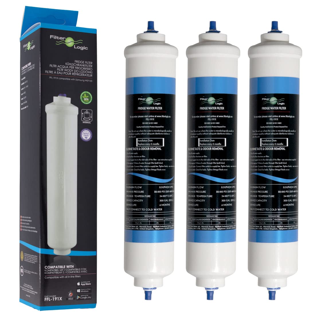 FilterLogic FFL-191X | 3 Pack - Fridge Water Filter Compatible with HAIER 0060823485A Cartridge for American Style Fridge Freezer HRF-628A HRF-628I HRF-630A HRF-630I HRF-636I HRF-522I Refrigerator