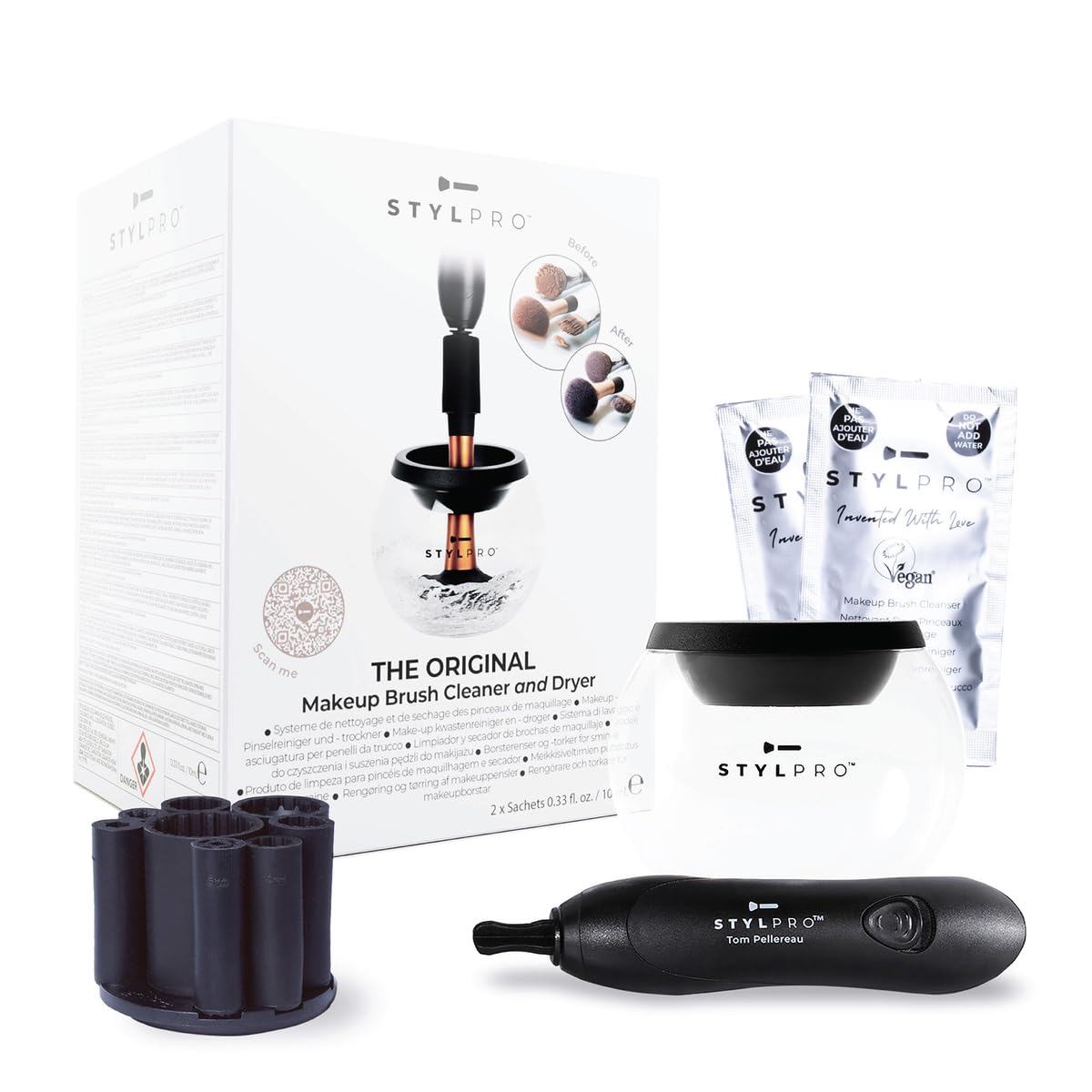 STYLPRO Electric Make-up Brush Cleaner & Dryer - Cleans and dries thoroughly in 30 seconds with gentle centrifugal technology. Suitable for all brush sizes, incl. vegan cleaner.