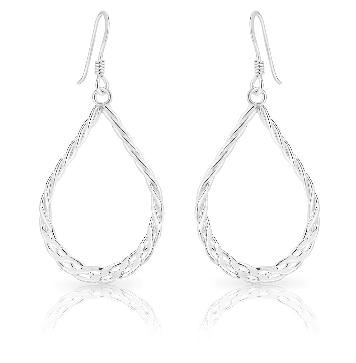DTPsilver® 925 Sterling Silver Hook Dangle Earrings - Teardrop Twisted Rope Style - Size: 19 x 43 mm
