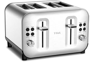 T-Fal Element Stainless Steel 4 Slice Toaster, toasts breads, bagels snacks, reheat, 8 browning levers, SILVER