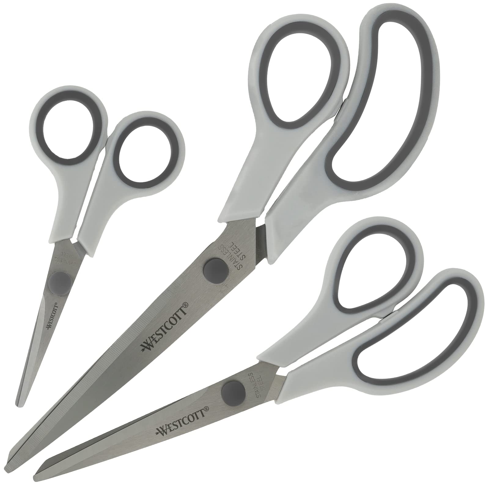 Westcott Easy Grip Scissors 3 Pieces Grey | Set of 3 Universal Scissors with Comfort Grip | Extra Sharp & Durable Stainless Steel Blade | for Crafting, Household & Office | N-90030 00