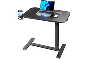HUANUO Bedside Table with Wheels, Height-Adjustable Rolling Computer Cart, Overbed Table with Cup Holder, Pneumatic Laptop Standing Desk for Home Office, Black (31.5" x 17.7")