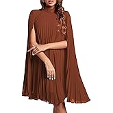 Rooscier Women's Mock Neck Cloak Sleeve Pleated Keyhole Back Flowy Party Midi Dress