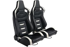 WTRAVEL Racing Seats 2 Pcs Reclinable Bucket Seats with 2 Sliders Adjustable PU Leather Seats Universal Sport Seats for Cars (Black White, 36.6"×21.2"×21.6")