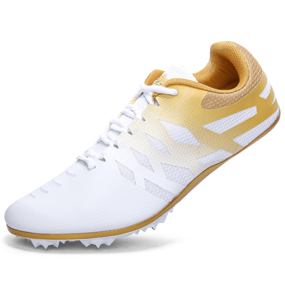 New Track and Field Shoes for Men Women Kids Boys Girls 8 Spikes 100-400 Meter Running Racing Shoes Professional Sprint Sport Sneakers White Gold Image