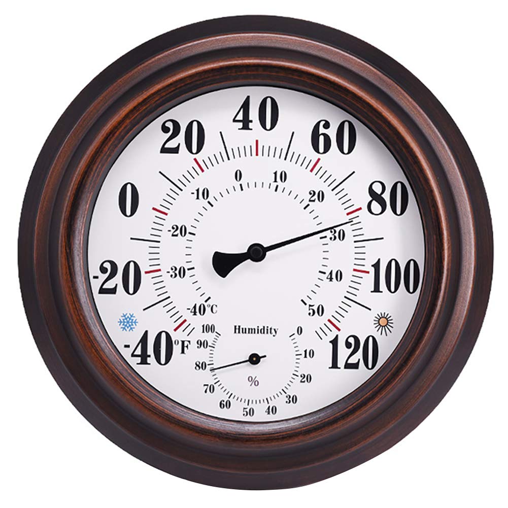 Photo 1 of Indoor Outdoor Thermometer - Premium Steel Wall Thermometer Hygrometer for Patio, Wall or Decorative, No Battery Required Hanging Thermometer 8" Round Diameter (Bronze)