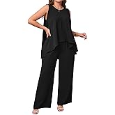 Women's Two Piece Lounge Sets Round Neck Ruffle Tank Top Wide Leg Pants Set Travel Beach Summer Outfits