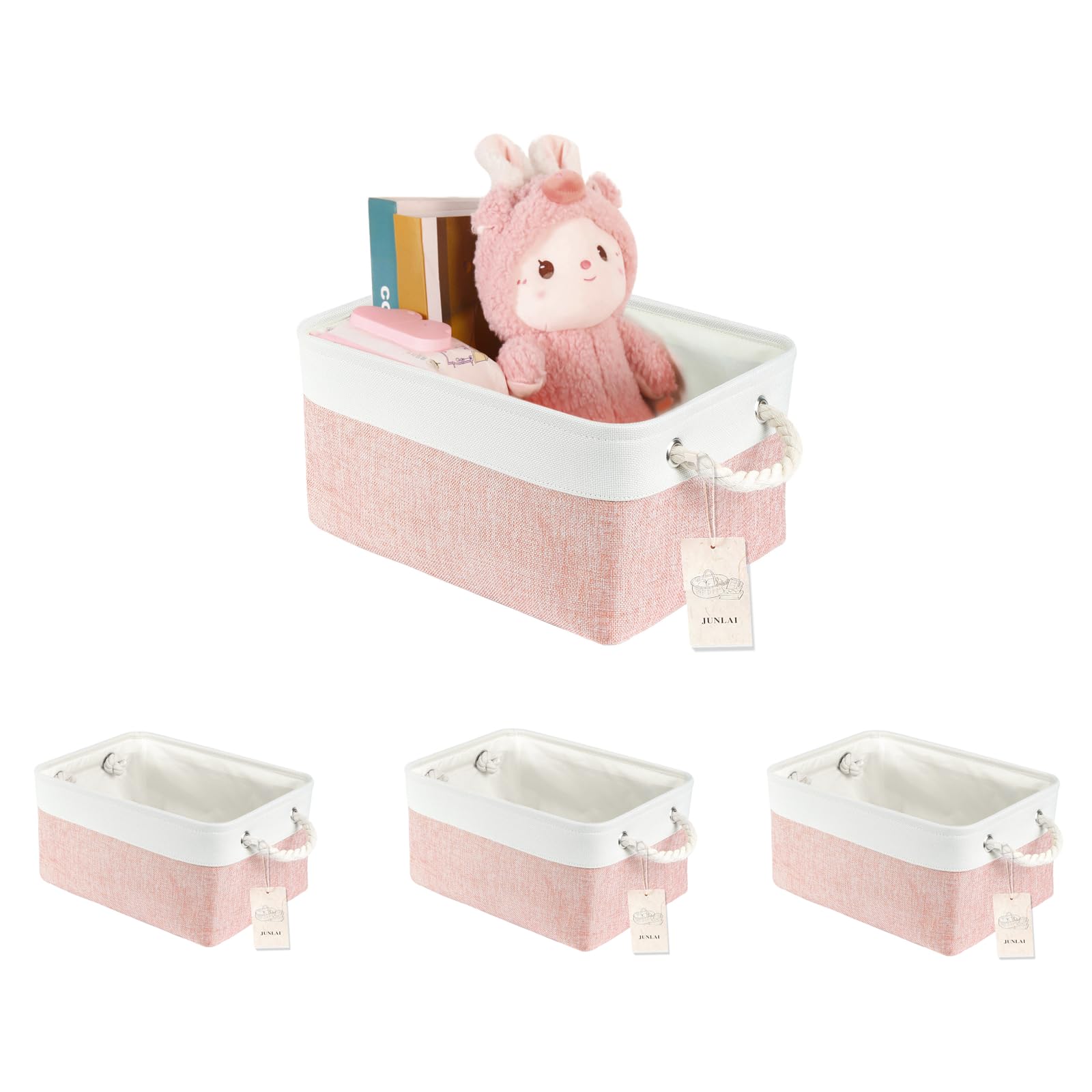 JUNLAI 4 Pcs Storage Baskets with Handles, Foldable Large Storage Boxes, Fabric Wardrobe Storage Basket for Office & Home, Book, Clothes, Toys（Pink and White, Large）