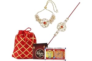 Kalakriti Rakhi for Brother Combo Set of 2 With Roli Chawal, Raksha Bandhan Greeting Card and Potli Bag Gift Pack