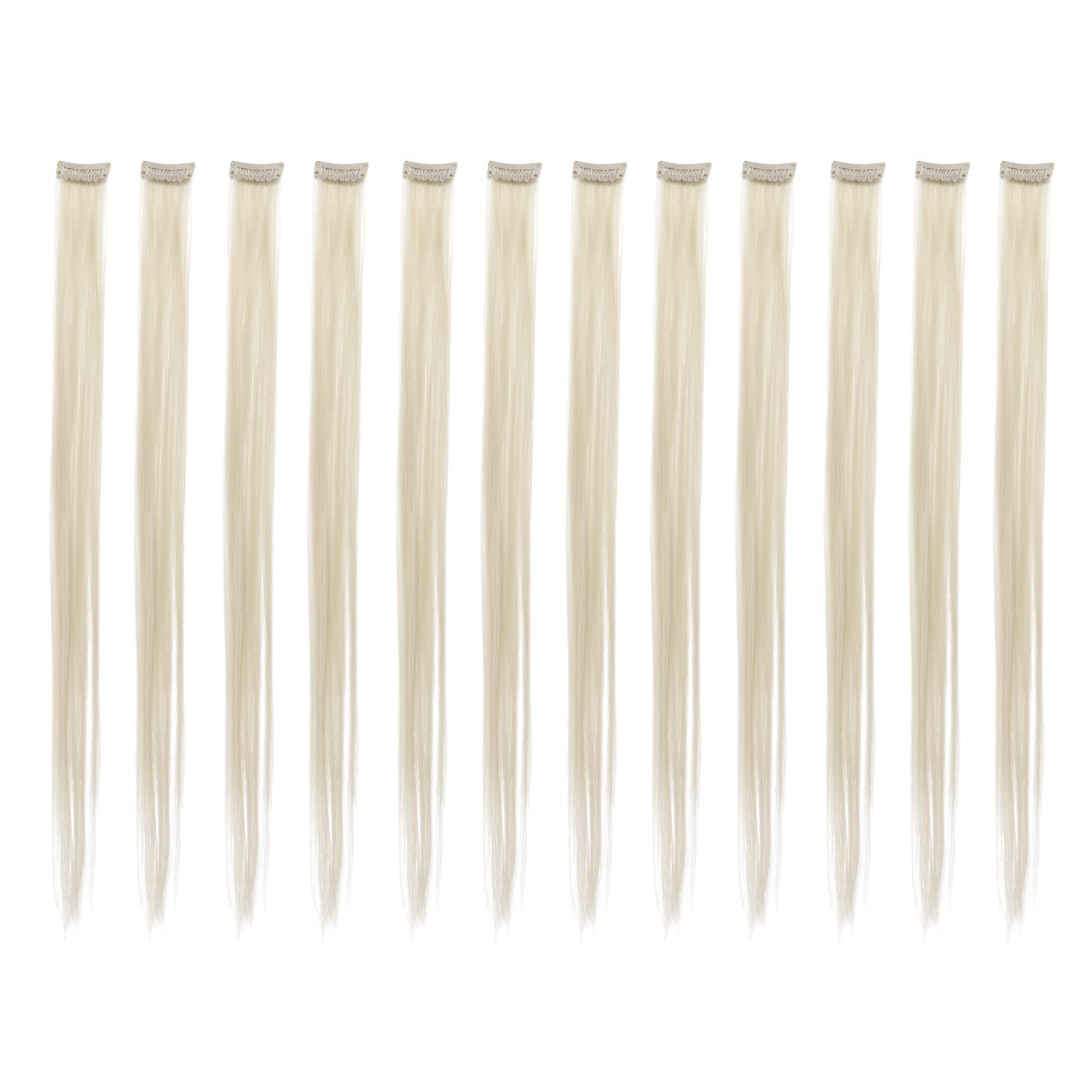 Photo 1 of SWACC 12 Pcs Straight One Color Party Highlights Clip on in Hair Extensions Colored Hair Streak Synthetic Hairpieces (Platinum Blonde)