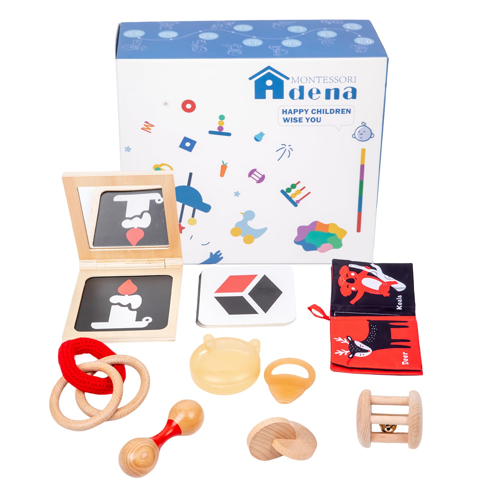 Photo 1 of Adena Montessori Play Kit for 3-4 Months Baby,8 in 1 Wooden Learning Educational Toys for Toddler,Include Framed Mirror Book,High-Contrast Cards and More,Christmas Birthday Gift for Boys Girls