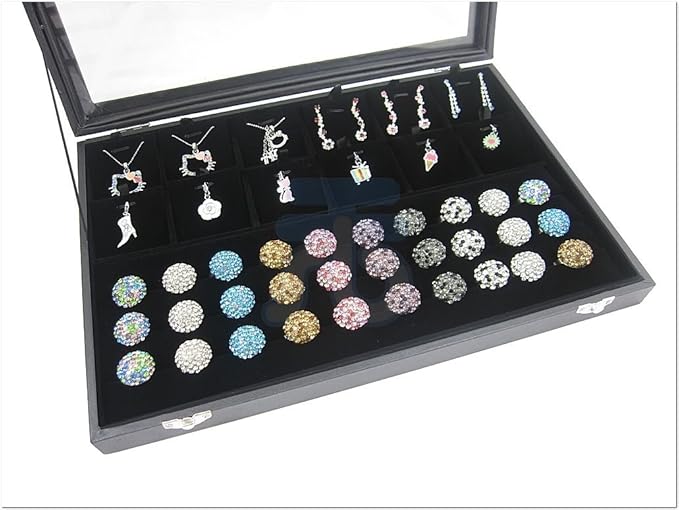 Glass Top Lid Black Velvet Jewelry Display Tray with 3