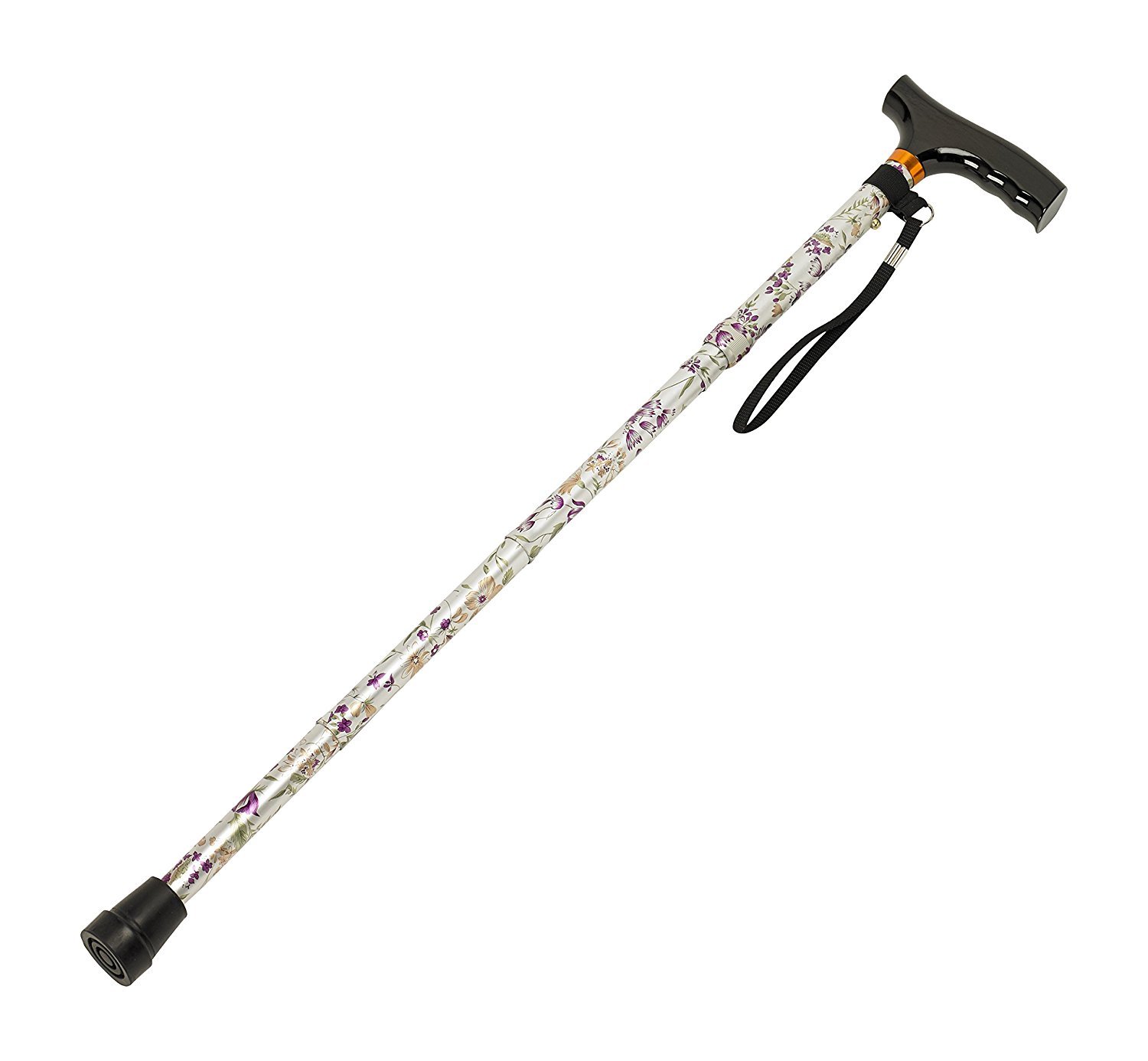 Homecraft Folding Coloured Walking Stick with Wooden Handle, Lightweight Adjustable Walking Cane for Balance, Mobility Aid, Woodland Flowers, 775-875mm