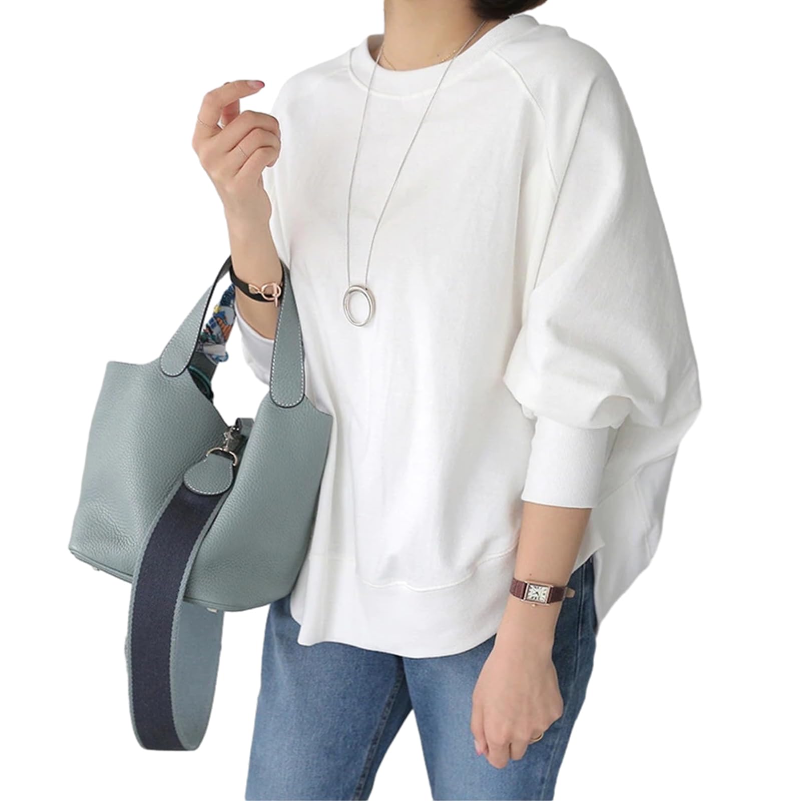 Women's Sweatshirt, Cotton, Dolman Sleeve, Pullover, Crew Neck, Long Sleeve, Solid, Top, Casual, Loose, Cut Sewn, Stylish, Large Size, Body Covering, Roomwear, Office, Spring/Fall/Winter