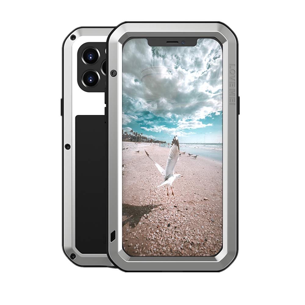 LOVE MEI for iPhone 12 Pro Case,Outdoor Sports Military Heavy Duty Tank Metal Cover Waterproof Shockproof Dustproof Full Body Protective Case with Built in Glass Tempered Screen Protector (Silver)