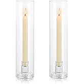 Inweder Glass Hurricane Candle Holder: 11.8" Tall Candlestick Holder with Cylinder Windproof Cover Clear Taper Candle Holders for Wedding Party Birthday Christmas Home Decor Set of 2