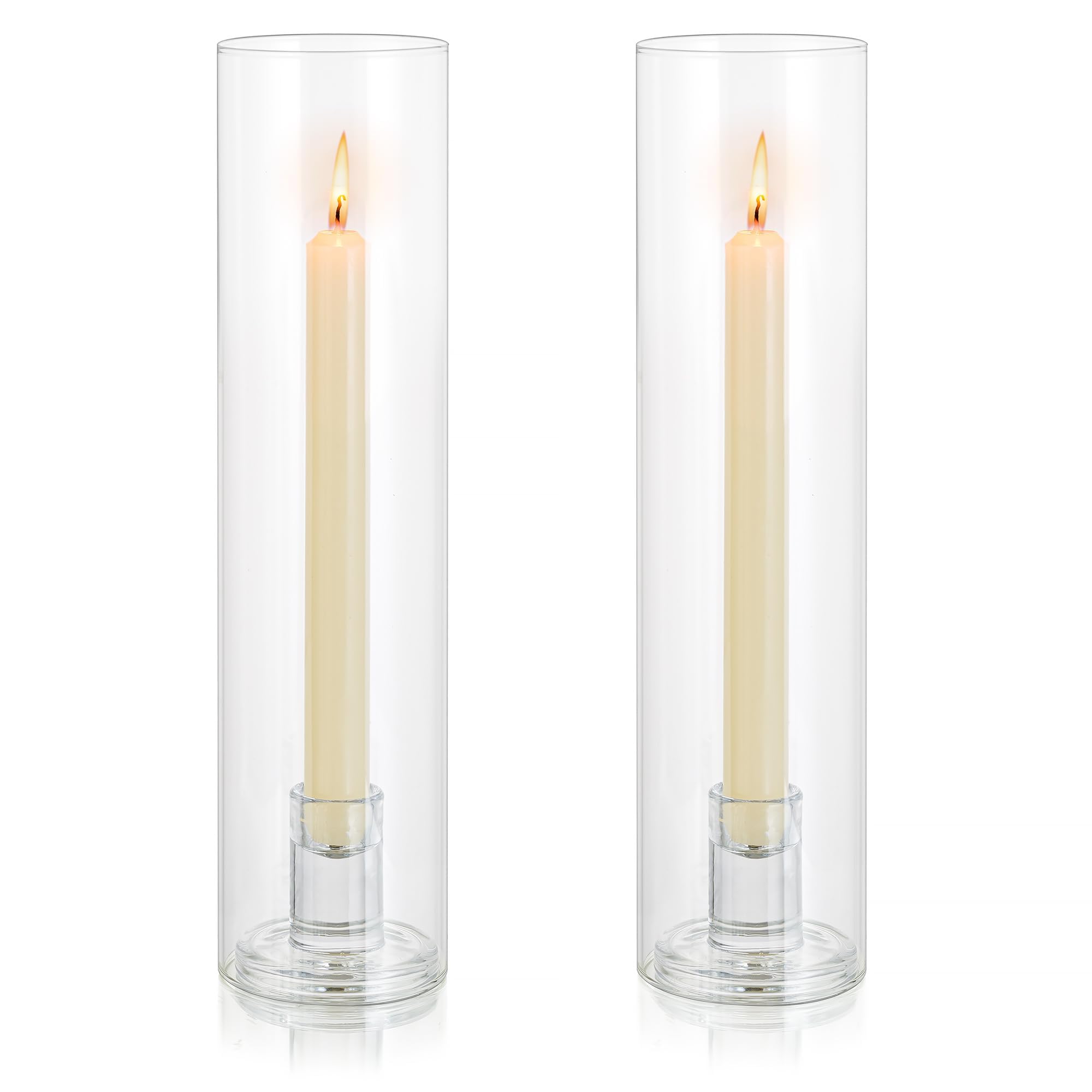 Inweder Glass Hurricane Candle Holder: Candlestick Holders for Wedding Table Centrepieces Clear Taper Candle Holder with Cylinder Shade for Christmas Party Event Home Decor, 2 Pcs