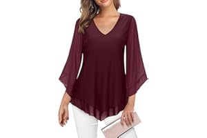 Viracy Womens Dressy Blouse V Neck Double Layers Elastic Mesh Casual Flowy Work Shirts Ruffle 3/4 Flared Sleeve Tunic Tops