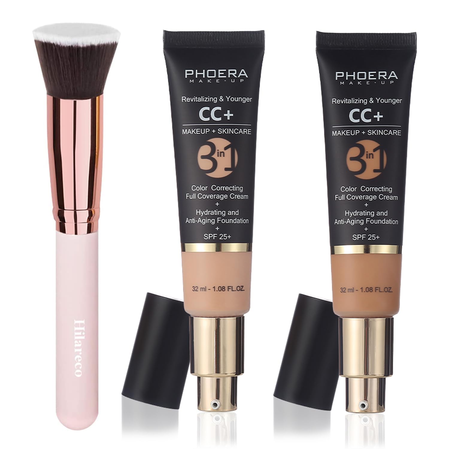 PHOERA CC Cream Foundation With SPF,PHOERA Full Coverage Foundation Color Correcting Cream,Anti Aging Hydrating Serum & SPF 25+ Sunscreen Natural Finish1.08 floz (120+140/Nude+Buff Beige)