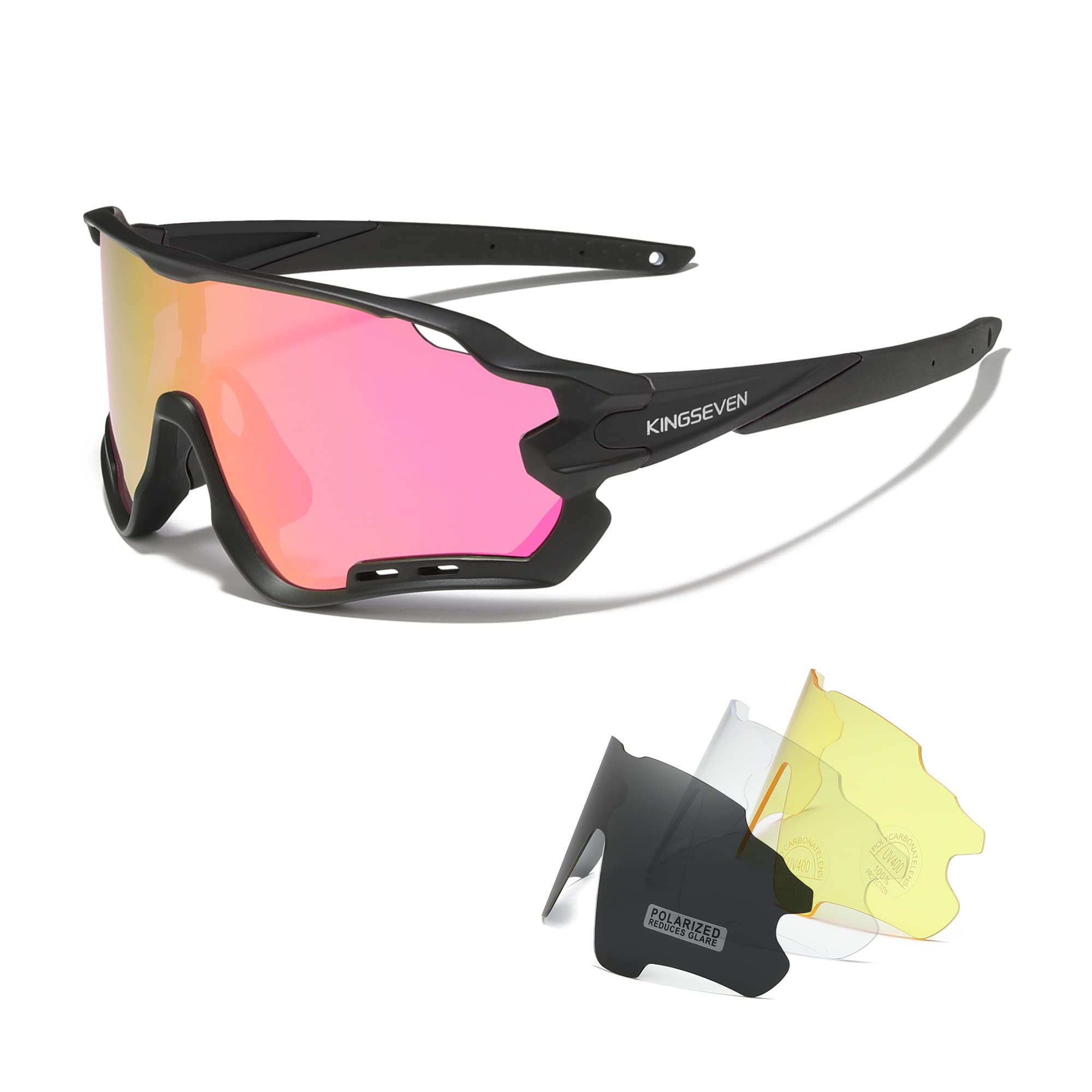KINGSEVEN Polarized Cycling Glasses for Men Women Bicycle Sports MTB Road Bike Sunglasses with 4 Interchangeable Lenses LS-911 (Black/Pink)