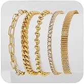 FAUTHENTICUTE Gold Bracelets Stack for Women 5pcs Beaded Paperclip Cuban Rhinestone Snake Chain Bracelet Dainty Gold Bracelets Set