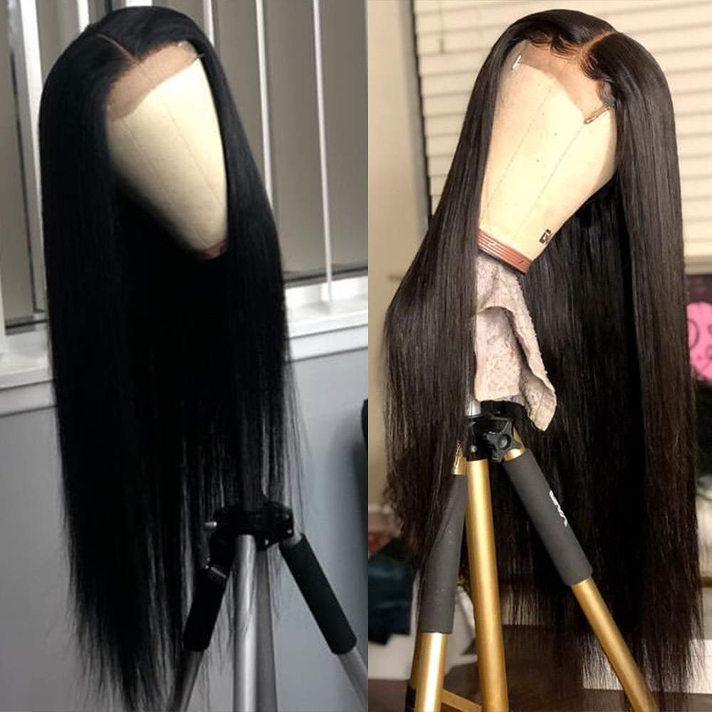 QD-Tizer Natural Long Silky Straight Black Hair Lace Front Wigs Heat Resistant Synthetic Yaki Hair Wigs for Women