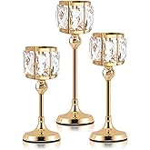 Set of 3 Cup Crystal Tealight Candle Holders, Centerpieces for Table Wedding Centerpieces Crystal Decorative Tealight Candle Dining Table Candle Holder Decor for Party (8.7"+10.6"+12.2", Gold)