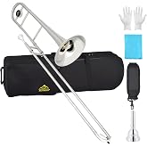 EASTROCK Bb Tenor Slide Trombone Brass Musical Instrument with Hard Case,Mouthpiece,Gloves,Cleaning Cloth for Professional Player Beginners, Large Bell(9.25"/235 mm),Nickel Plated