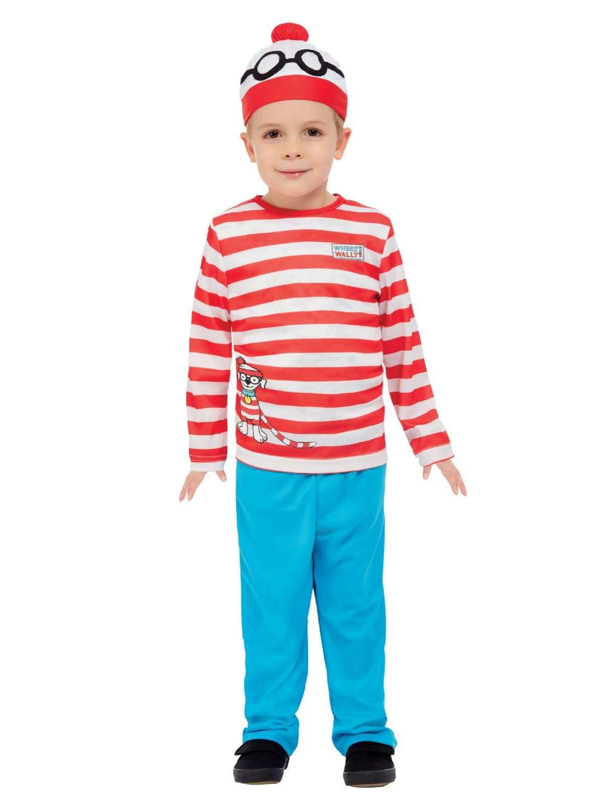 Smiffys Where's Wally Costume, Toddler Costume Red & White Hat, Top & Trousers, Official License Outfit with Bobble Hat & Printed Woof Dog Detail, Perfect for World Book Day or Halloween