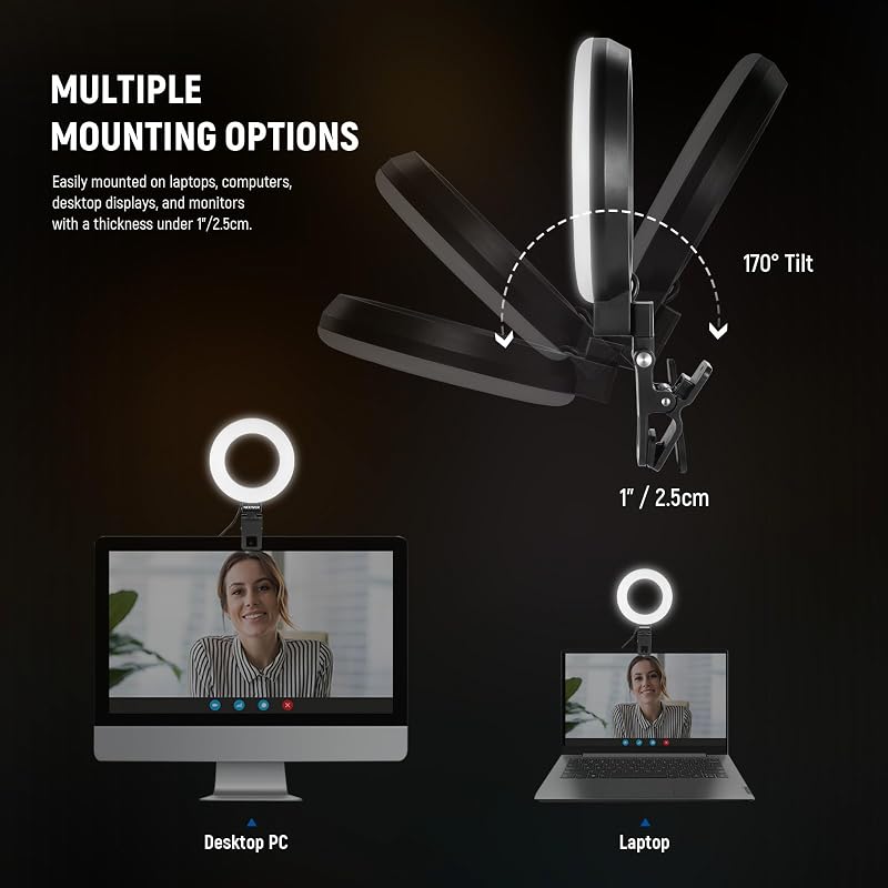 Anelar de luz BASIC de 5" para videoconferência, Pacote de 2 Kit de Luz Clip-on com Tripé Secretária para Monitor Portátil Chamada Zoom Streaming ao Vivo Gravação de Aprendizagem do Trabalho Remoto, BR60