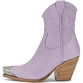 keleimusi Women's Western Cowgirl Ankle Boots Stacked Block Heel Cowboy Booties Steel Toe Heeled Short Cowboy Boots Side Zipper Western Boots for Women