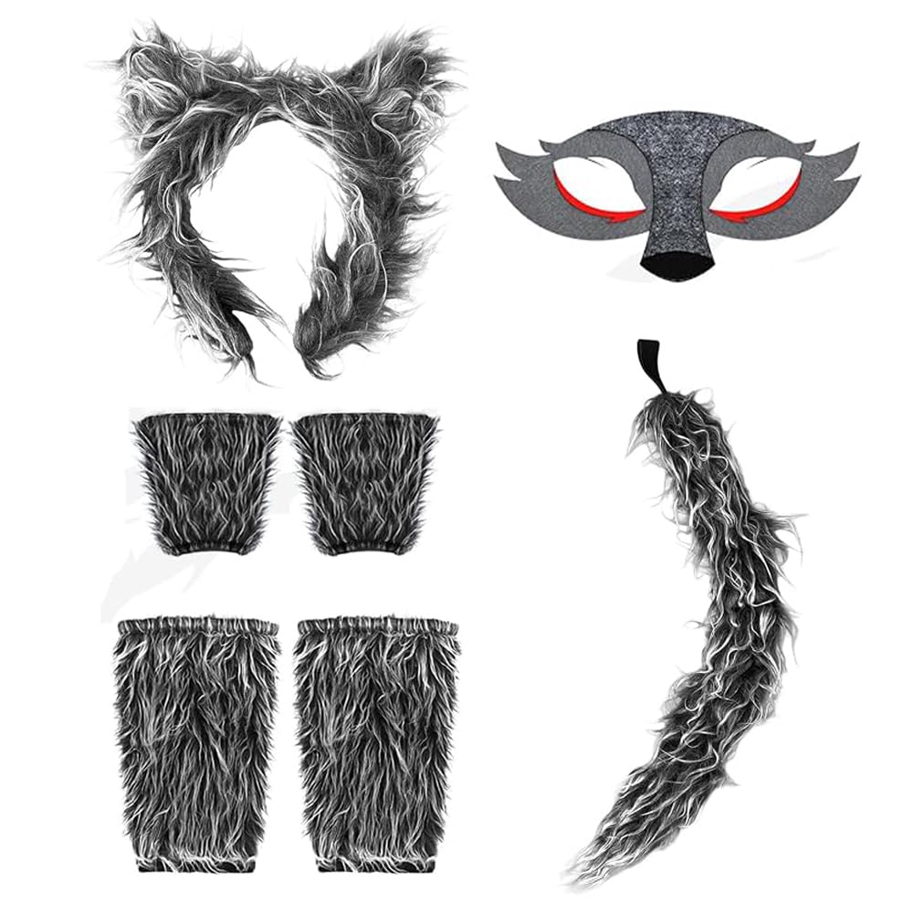 mefound 7Pcs Wolf Costume Set - Cute Animal Ear headband Masks Tail Glove and leg Warmers Cosplay Costume Fancy Dress Party